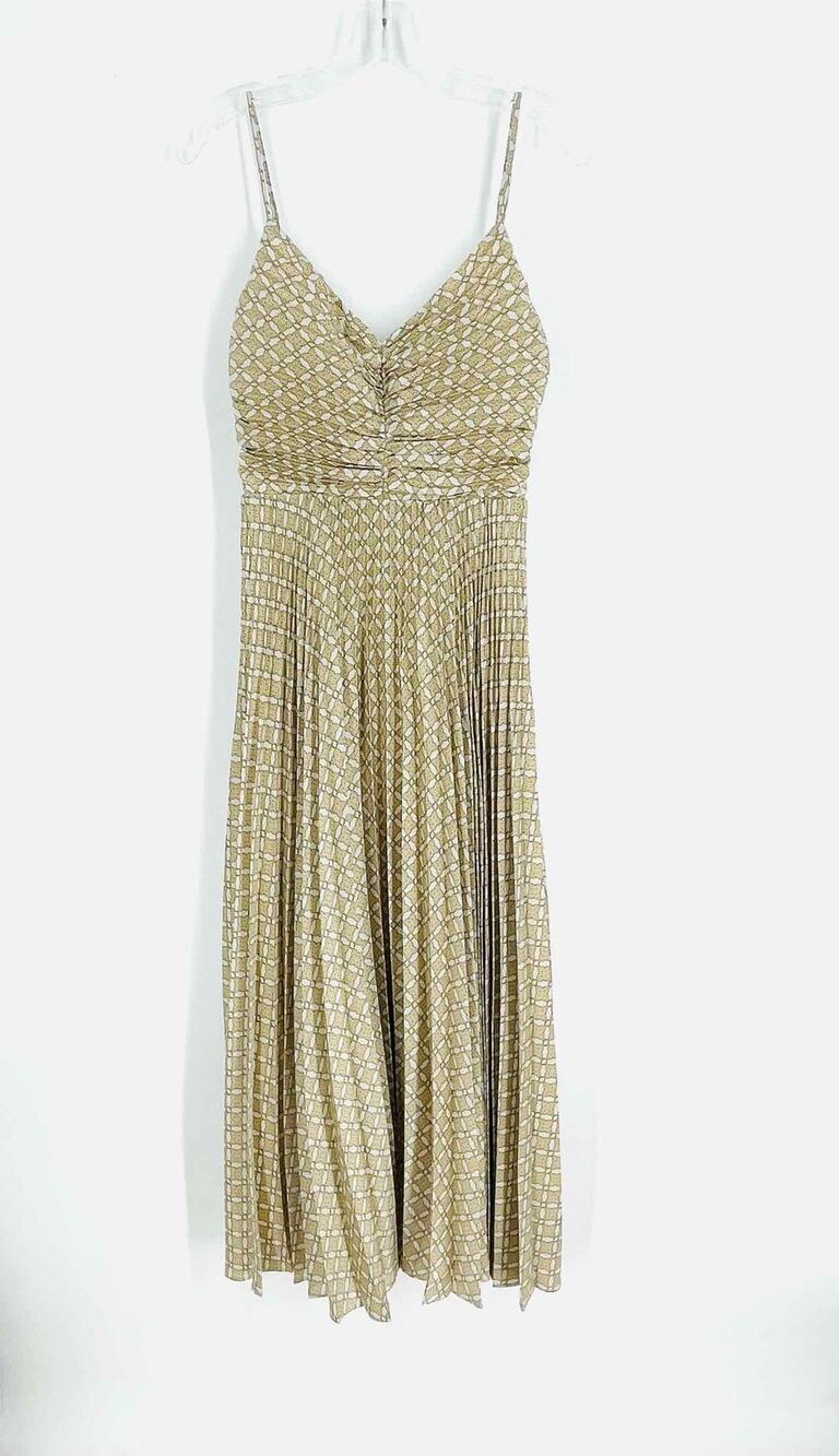 Club Monaco Size 2 Beige/Olive Geometric Pleated AS IS Designer Dress Maxi